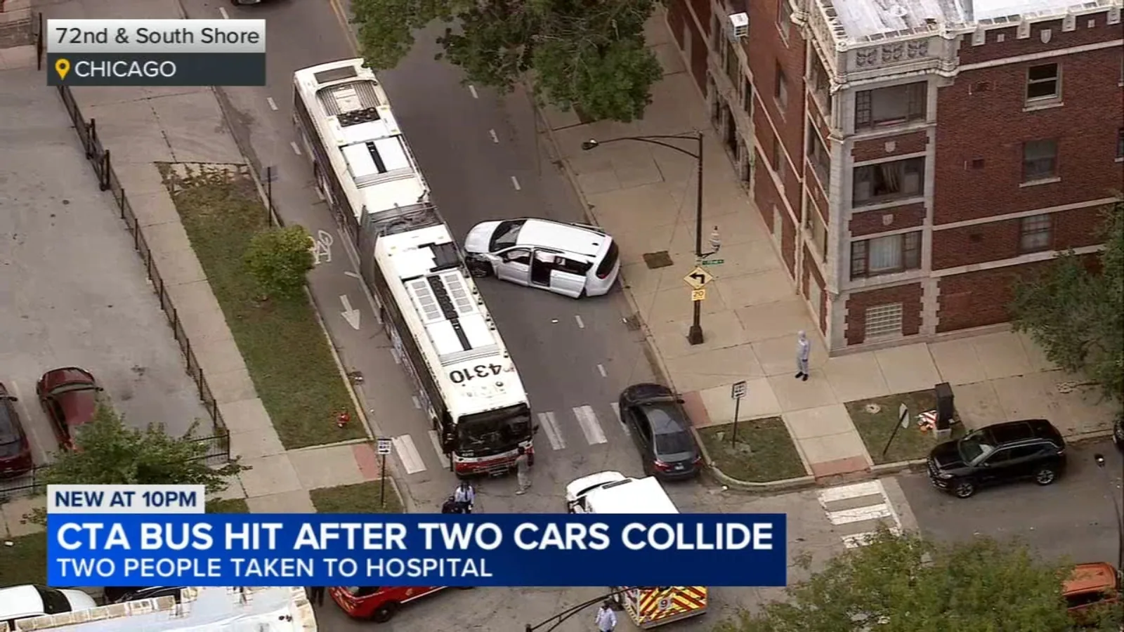 Two Injured, Including One Seriously, After Kia Hits Chrysler and CTA Bus Near 72nd and South Shore Drive on Chicagoโs South Side
